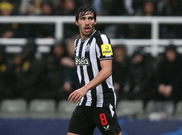 Italian midfielder Sandro Tonali pictured playing for Newcastle United against Borussia Dortmund in October 2023, one day before he was hit with a 10-month ban from football for breaching betting rules